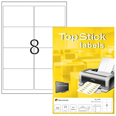 Image of TopStick Self Adhesive Address Labels, 8 Labels per A4 Sheet, 25 Sheets, 99.1 x 67.7 mm, 200 Blank Mailing Stickers, Sticky for Laser &amp; Inkjet Printer, White