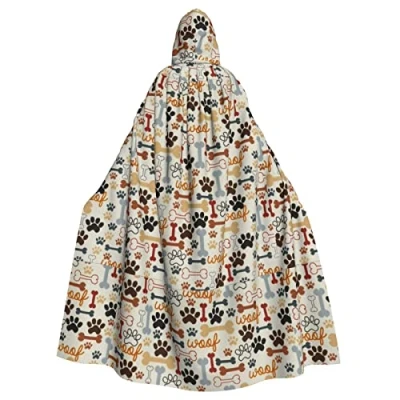Image of Wurton Dog Bones Paw Prints Carnival Hooded Cape For Adults, Witch And Vampire Cosplay Costume Cloak,Suitable Parties