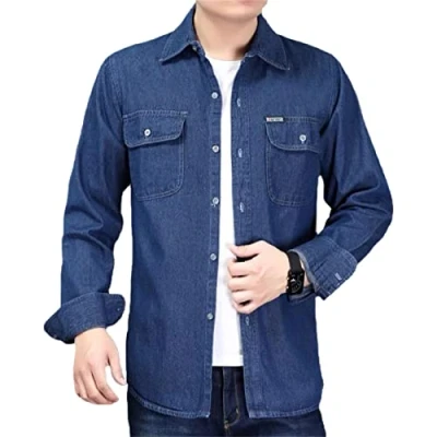 Image of kewing Men&#039;s Denim Shirt Slim Fit Casual Button Down Shirts Fashion Long Sleeve with Front Pocket Dark Blue