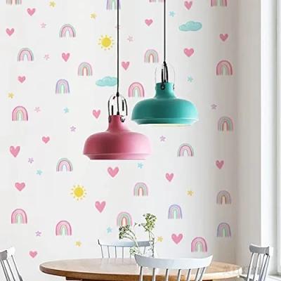 Image of Rainbow Wall Decor Stickers 72 PCS Small Decal Watercolor Heart Sun Star for Girls Boys Baby Bedroom Nursery (Classic Style)