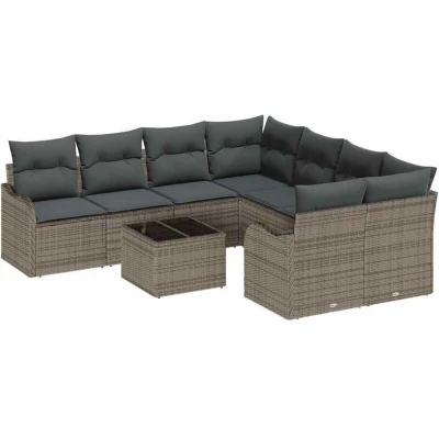Image of vidaXL 9 Piece Garden Sofa Set with Cushions Grey Poly Rattan
