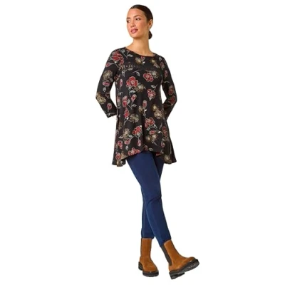 Image of Roman Originals Spot Print Lace Trim Stretch Top for Women UK Ladies Everyday Autumn Winter Round Neckline Comfy Soft Evening Vacation Work Party Night Out Black Red Size 14