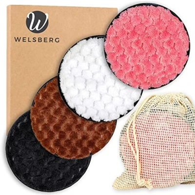 Image of Welsberg 4x Reusable Make Up Remover Pads, Machine Washable Face Wipes, Microfiber Soft Cleansing Cloth, Care Eco Friendly Puffs with Laundry Bag