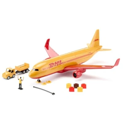 Image of Siku 1702 DHL Cargo Plane with Accessories Metal Plastic Red/Yellow Toy Model Includes Luggage Trolley and Air Traffic Controller