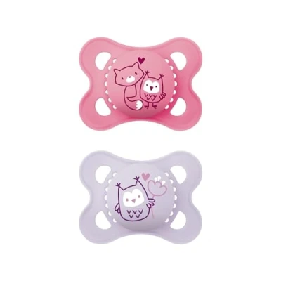 Image of Mam Set of 2 Original Pure Latex Dummies Made from Sustainable and Organic Renewable Material, with Symmetrical Orthodontic Teat, 06 Months, Cat / Owl