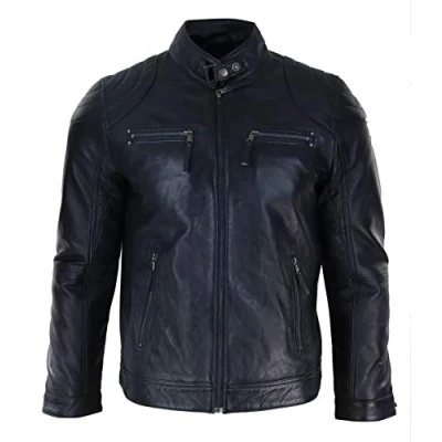 Image of Mens Biker Zip Jacket Real Leather Casual Light Short Classic Retro Motorcycle Black 4XL