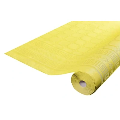 Image of Damask paper disposable tablecloth in roll 6 M long X 1.18 wide with a chic and classic universal pattern Box of 12 rolls yellow (bright)