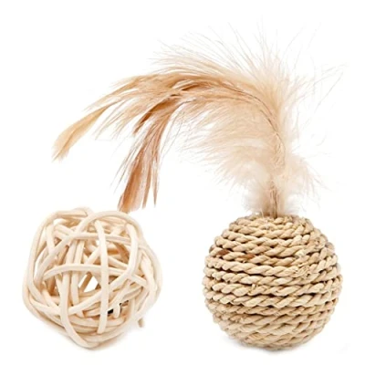 Image of xbiez Straw Weaving Rattan Ball Cat Toy Built in Bell Feather Cute Playing for Interactive Indoor