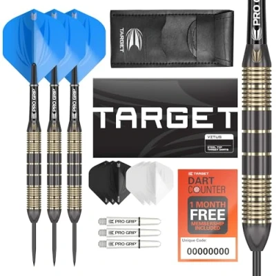 Image of TARGET Darts Vitus 23G Brass Steel Tip Set 6 Pro Grip Shafts 9 Ultra Flights Dart Wallet Bundle