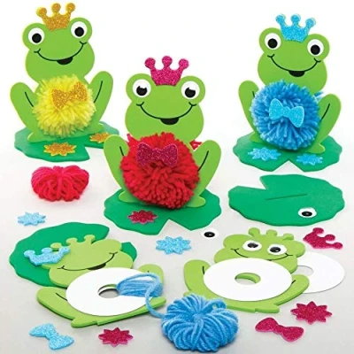 Image of Baker Ross AX837 Frog Pom Kits Pack of 3, Creative Art and Craft Supplies for Kids to Make, Decorate Display