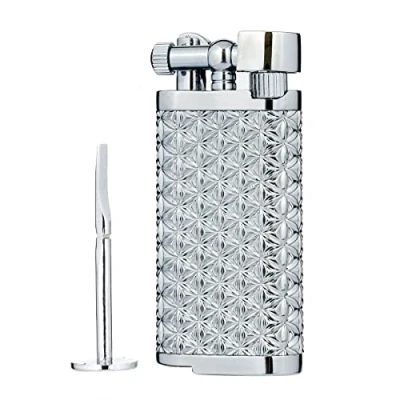 Image of Angled Soft Flame Antique Style Lift Arm Butane Refillable Lighter with Tamper &amp; Pick (Silver Diamond)
