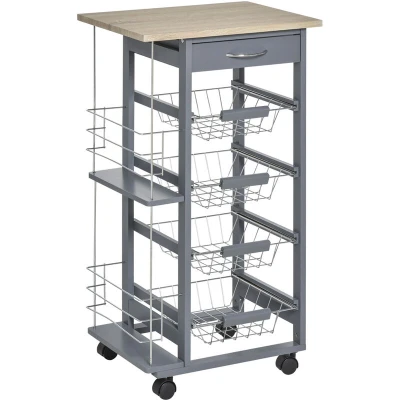 Image of HOMCOM Rolling Kitchen Cart, Utility Storage Cart with 4 Basket Drawers &amp; Side Racks, Wheels for Dining Room, Grey
