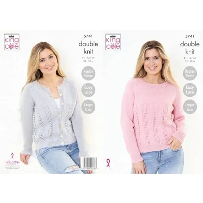 Image of King Cole Ladies Double Knit Knitting Pattern Easy Lace Sweater &amp; Cardigan (5741), Multi, 32 50 inch