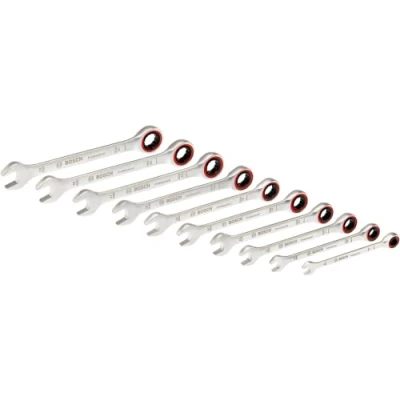 Image of Bosch Professional 10 Piece Ratchet Spanner Set (Sizes incl. 8, 10, 12, 13, 14, 15, 16, 17, 18, and 19 mm, in Cardboard Box)