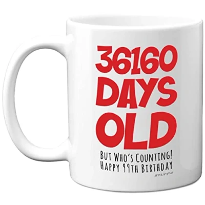 Image of 99th Birthday Mug Gift for Men Women Him Her 36160 Days Old Funny Adult Ninety Nine Ninth Happy Present Dad Mum Grandma Nan Great Grandad, 11oz Ceramic Dishwasher Safe Mugs