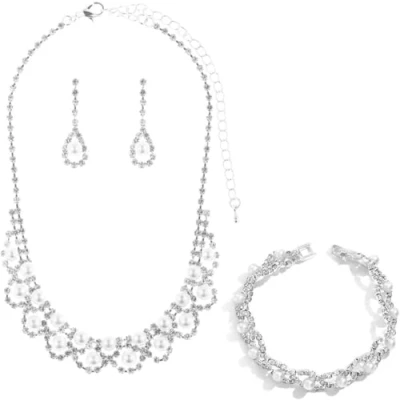 Image of TOEECY Bridal Wedding Jewellery Set Silver Rhinestone Necklaces Bracelet and Earrings Sparkly Crystal Dangle Drop Pearl for Bridesmaid Party (#4)