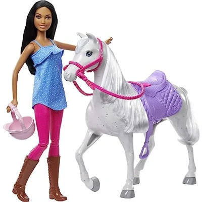 Image of Barbie Doll and Horse Playset with (11.5 in Brunette), Saddle, Bridle, Reins Riding Helmet, Gift for 3 to 7 Year Olds, HCJ53