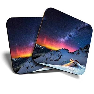 Image of 2 x Square Coasters Milky Way Mountain View Aurora Borealis Cork Backed Home Kitchen Accessory Tea Coffee Mug Mat #45727