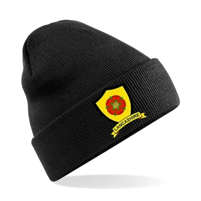 Image of Lancashire County Mens Embroidered Beanie Hat, Bob Hat Cricket Sport Your Embroidery (Black)
