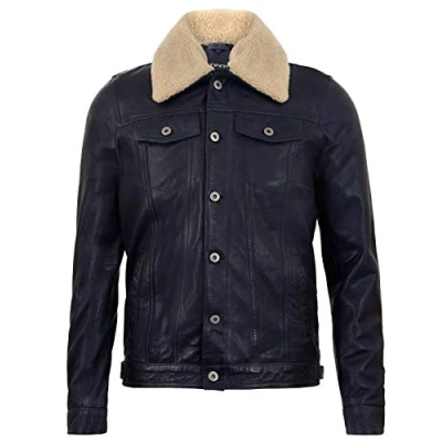 Image of Infinity Leather Mens Removable Collar Trucker Jacket Zagreb Navy Size X Large