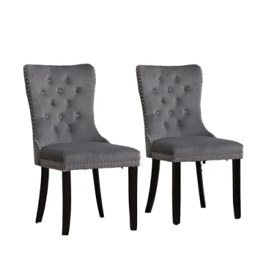 Image of Neo 2X Upholstered High Back Studded Crushed Velvet Dining Kitchen Bedroom Chair Button Tufted Ring Knocker Armchair Chairs Wooden Legs (Dark Grey)