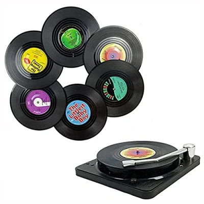 Image of JINGLING 6 Drink Coaster Set, Retro Record Vinyl Coasters With Player Holder, Non Slip Coasters, Round Tea Coffee Cup Drinks Mats, Tabletop Protectio