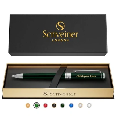 Image of Scriveiner Ballpoint Pen London Stunning with 24K Gold Finish, Schmidt Black Refill, Best Ball Gift Set for Men &amp; Women (British Racing Green Chrome (Personalised))