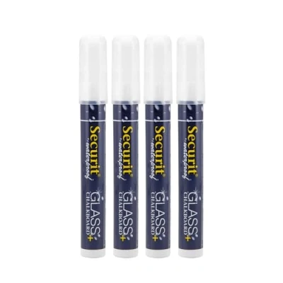 Image of Securit Waterproof Glass &amp; Chalkboard Markers Pack of 4 Liquid Chalk Pens with 6mm Nib Use on Blackboards, Glass, Metal, Plastic and More! (White)