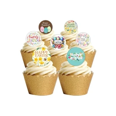 Image of 24 Precut Happy Easter Themed Edible Wafer Paper Cake Toppers Decorations