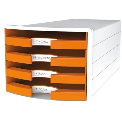 Image of Han IMPULS 1013 51 Drawer Box in Stackable Sorting Tray with 4 Large Open Drawers for DIN A4/C4/ Includes Labelling Labels 280 x 367 253 mm Trend Colour orange