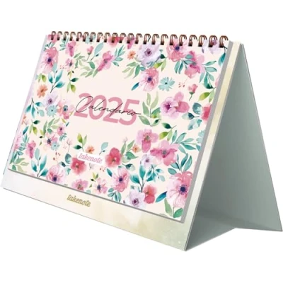Image of Desktop Calendar 2025 Monthly January to December, Spanish and English, Size 21.5 x 15.5 cm, With Annual Planners, Double Wire o Binding Takenote Elba