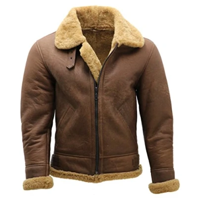 Image of Infinity Men&#039;s Brown B3 Shearling Sheepskin WW 2 Bomber Leather Flying Aviator Jacket 5XL