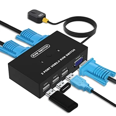 Image of DGODRT VGA KVM Switch 2 Port, Box Adapter Computer Share 1 monitor and 3 USB Devices, Mouse Keyboard Scanner Printer, Cables included