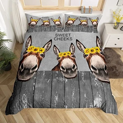 Image of Donkey Duvet Cover Set Super King Size, Sunflower Animal Theme Bedding 3pcs for Kids Boys Girls Bedroom Decor, Rustic Farmhouse Comforter Grey Wooden Plank Quilt with 2 Pillowcases