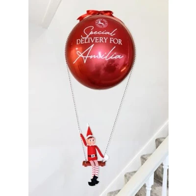 Image of Personalised Naughty Elf Arrival Christmas Hanging Red Hot Air Balloon with Swing (GIRL ELF)