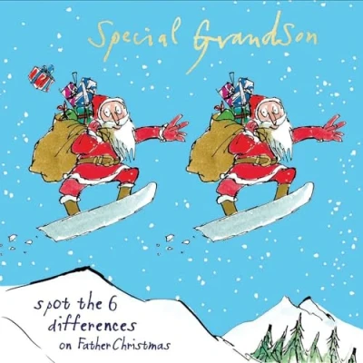 Image of Woodmansterne Special Grandson Christmas Card Quentin Blake Snowboarding Santa Spot the Difference with Foil Details Eco Friendly and Recyclable