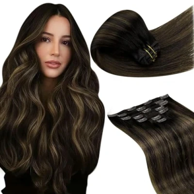 Image of LaaVoo Clip in Hair Extensions Real Human 20 Inch 7pcs 120g Darkest Brown Balayage Light Seamless Remy #2/8/2