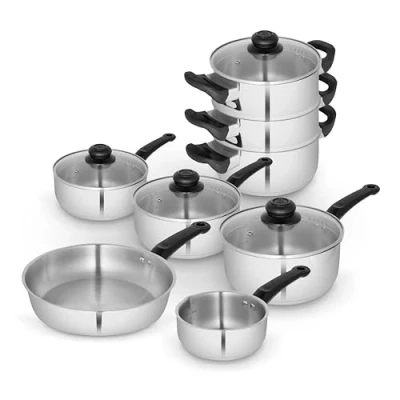 Image of Swan SWPS5027SS Townhouse 8 Piece Stainless Steel Cookware Set with 16/18/20cm saucepans Glass Lids, 14cm Milk Pan, 24cm Frying 18cm 3 Tier Steamer,