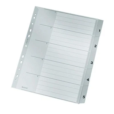 Image of Leitz Index for A4, Cardboard Cover and 5 Plastic Dividers, Tabs with Numbers 1 5, Extra Width, Grey, 12830000