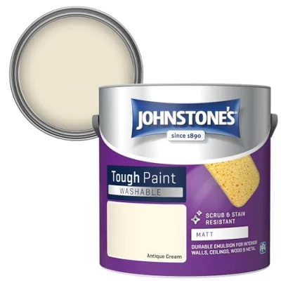 Image of Johnstone&#039;s Washable Paint Antique Cream Matt Finish Emulsion Highly Durable Stain Resistant Non Toxic &amp; Low Odour 12m2 Coverage per Litre 2.5L
