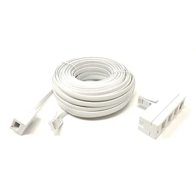 Image of Maincore 10m 2in1 long White BT Telephone Extension Cable Lead &amp; 4 Way Sockets Splitter Adapter (10m)