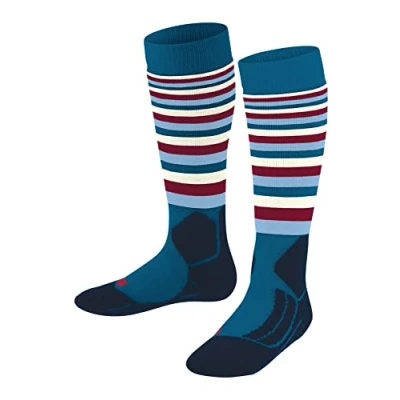 Image of FALKE Unisex Kids SK2 Intermediate Stripes K KH Wool Warm Thick 1 Pair Skiing Socks, Turquoise (King Fisher 6835), 6 8.5