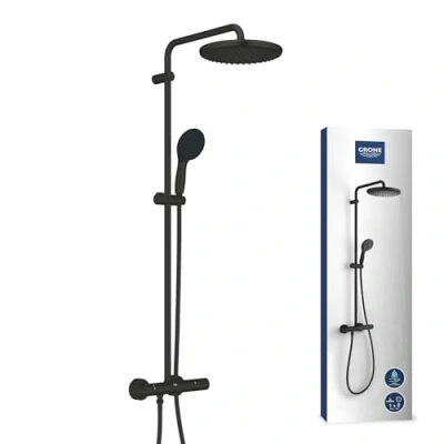 Image of GROHE Vitalio Start 250 Exposed Thermostatic Shower System with Aquadimmer Function (Round 25cm Head 1 Spray, Round 11cm Hand 2 Sprays, Hose 1.75m, Water Saving), Matt Black, 266772431