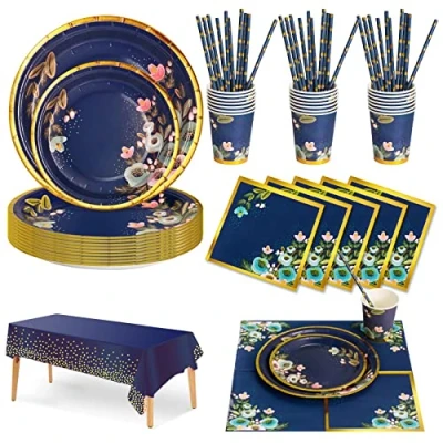 Image of Nkaiso Party Tableware Set, Blue Flower Birthday Supplies 126 pcs Paper Plates and Napkins Cups, Straws for Wedding Shower Engagement 25 Guests