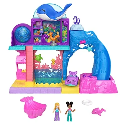 Image of Polly Pocket Pollyville Aquarium Starring Shani Playset with 2 Dolls, Toy Car, and 11 Accessories Including 8 Sea Animals, Water Play​, HKW15