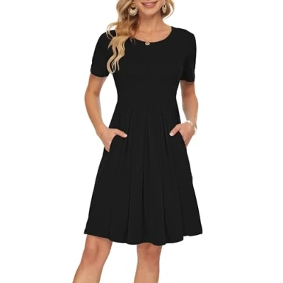 Image of AUSELILY Summer Dresses for Women UK Short Sleeve Pleated Loose Swing Casual Dress with Pockets Knee Length Black S