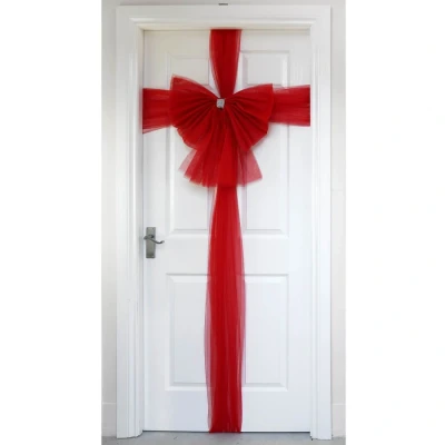 Image of Mr Crimbo Christmas Front Door Bow Decoration Diamante Full Wrap Tulle Xmas Party Red