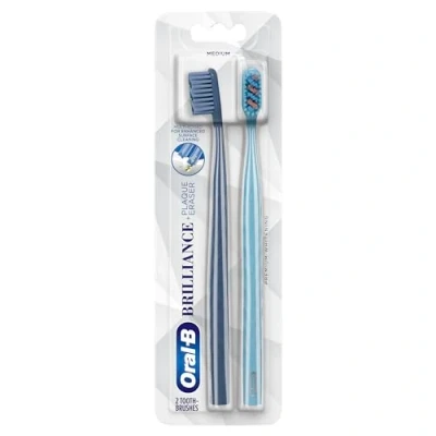Image of Oral B Brilliance Premium Whitening Toothbrush with Plaque Eraser, Medium, Sky Blue and Gray, 2 Count