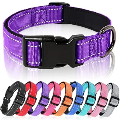 Image of HEELE Dog Collar, Reflective Soft Neoprene Padded Breathable Nylon Pet Collar Adjustable Lightweight for Small Dogs, Purple, S(26 38cm)