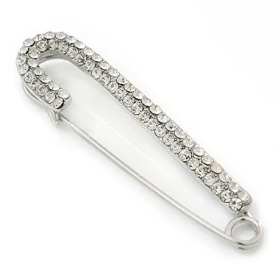 Image of Avalaya Classic Large Clear Austrian Crystal Safety Pin Brooch in Rhodium Plating 65mm Length